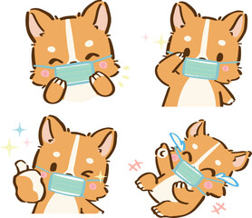 Fototapeta premium Cute little Corgi, Shiba inu dogs with face mask due to Covid-19 in various poses. Hand drawn colored vector set. Cartoon icon for communicate and express your feeling 