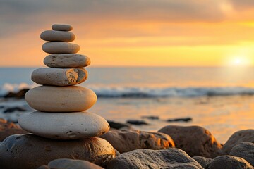 Stack of zen stones on the seashore at sunset - obrazy, fototapety, plakaty