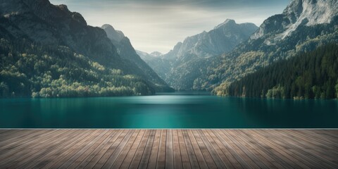 A tranquil lake and towering mountains form the backdrop to an empty wooden tabletop, beckoning viewers to embrace the tranquility of the natural world. - obrazy, fototapety, plakaty