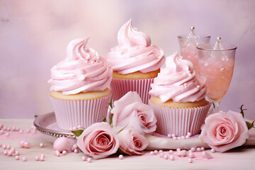 Elegant Pink Cupcakes with Swirl Frosting Accompanied by Soft Pink Roses and Pearl Decorations, Romantic Dessert Concept for Weddings and Celebrations