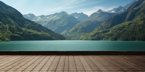 A tranquil lake and towering mountains form the backdrop to an empty wooden tabletop, beckoning viewers to embrace the tranquility of the natural world.
