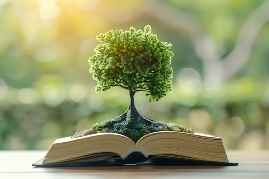 The image depicts a tree of knowledge planted on an opening old big book in a library with a textbook in natural background. It represents the concept of education and world philosophy day.