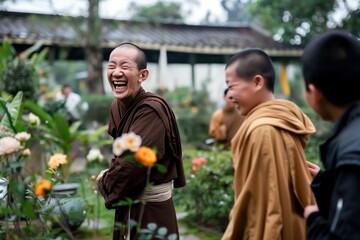 monk in a monastery garden laughing with novices - obrazy, fototapety, plakaty