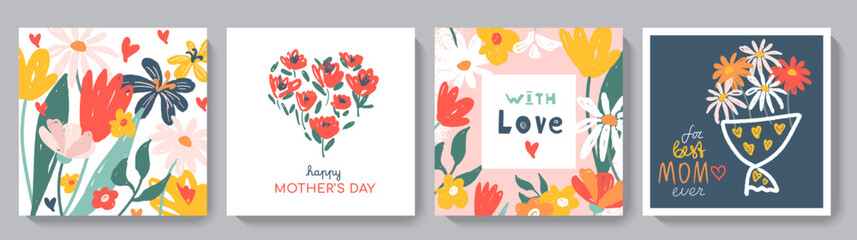 Happy Mother's Day greeting card set. Cute spring backgrounds with flowers, leaves, plants. Colorful hand drawn vector illustrations for social media post, banner design, postcards - obrazy, fototapety, plakaty