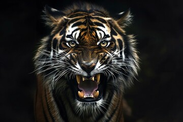 Close-up portrait of a tiger in front of a dark background - obrazy, fototapety, plakaty