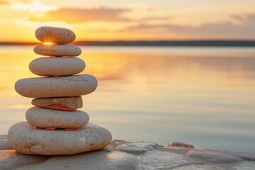 Stack of zen stones on the beach at sunset,  Zen concept
