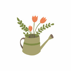 Spring-Inspired Illustration of Orange Tulips in a Green Watering Can