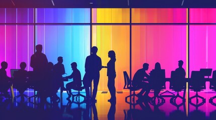 silhouettes of people in a meeting room with a colorful window behind them, captures the essence of collaboration and creativity in a professional setting. The vibrant window adds a dynamic and engagi
