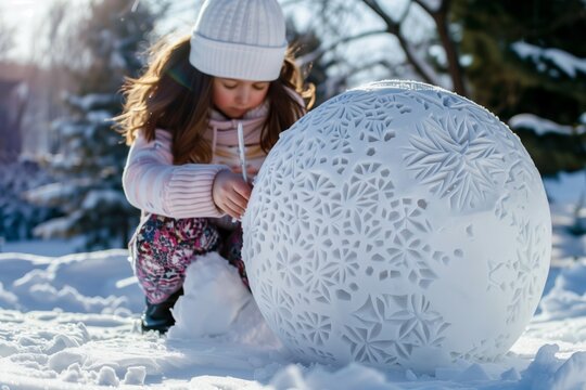 girl carving intricate patterns on a snow sphere