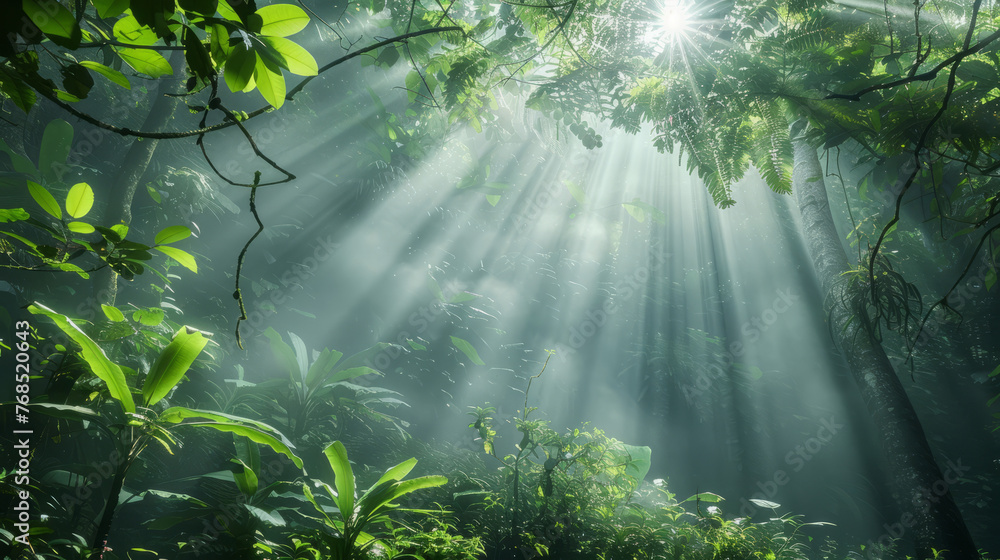Poster a mystical view of sun rays piercing through the dense foliage of a lush green forest, creating a se