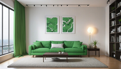 Green colour interior room with green color fabric sofa couch mock up interior house design concept front view perspective,  colorful background