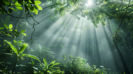 A mystical view of sun rays piercing through the dense foliage of a lush green forest, creating a...