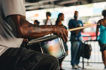 steel drummer playing caribbean beats with commuters listening - obrazy, fototapety, plakaty