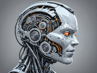 cyborg head with gears on gray background