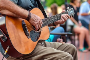 musician playing acoustic guitar for an attentive outdoor audience