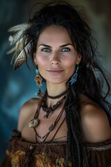 Portrait of a beautiful young woman in a native American costume