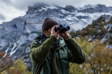 man with binoculars and camera, capturing mountain wildlife