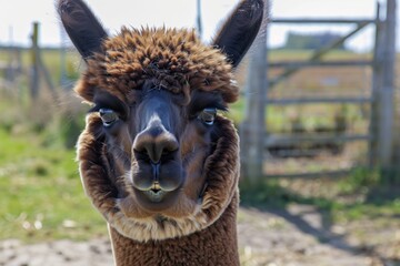 closeup of an alpacas face with a farm fence in the background