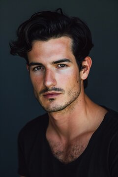 Portrait of a handsome young man on a dark background,  Men's beauty, fashion