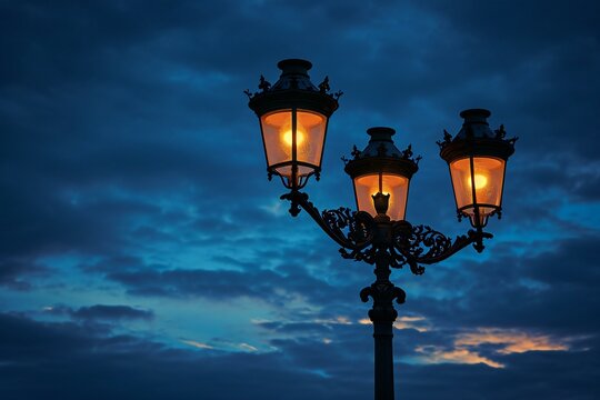 Lanterns in the city at sunset with clouds in the sky