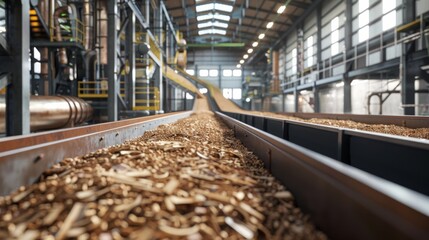 A conveyor belt transporting wood chips to the pulping process - obrazy, fototapety, plakaty