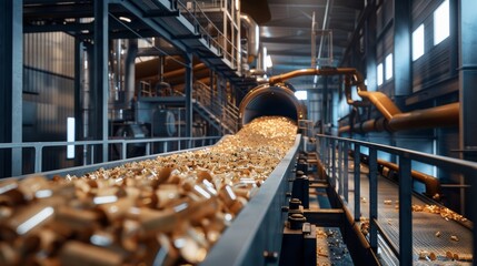 A conveyor belt transporting wood chips to the pulping process - obrazy, fototapety, plakaty