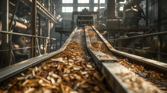 A conveyor belt transporting wood chips to the pulping process