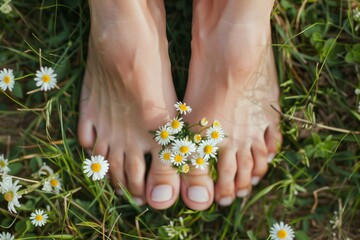 closeup of feet with meadow daisies tucked between toes - obrazy, fototapety, plakaty
