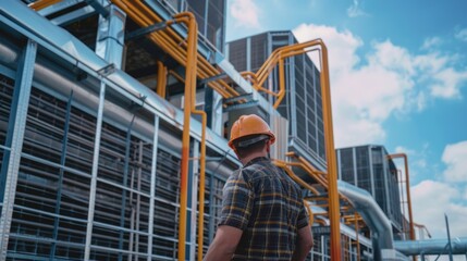 Fototapeta premium Industry engineer under checking the industry cooling tower air conditioner is water cooling tower air chiller HVAC of large industrial building to control air system