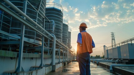 Industry engineer under checking the industry cooling tower air conditioner is water cooling tower air chiller HVAC of large industrial building to control air system