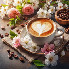 a cup of morning coffee ,spring flowers and coffee beans