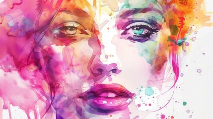 abstract painting of a woman's face in a fashion-forward style, watercolor artwork captures the essence of a woman's portrait with bold strokes and vibrant colors, fashion backgrounds, artistic projec