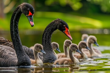 black swans with cygnets swimming in a row in daylight - obrazy, fototapety, plakaty