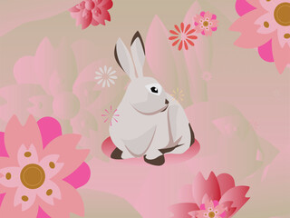 vector cute bunny is sitting and looking sideways with beautiful flowers illustration