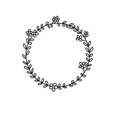 A wreath of flowers is drawn in black and white. The flowers are drawn in a variety of sizes and are arranged in a circular pattern. The wreath is simple and elegant - obrazy, fototapety, plakaty