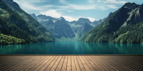 An empty wooden tabletop stands against the backdrop of a serene lake and majestic mountains, inviting viewers to bask in the beauty of nature's splendor. - obrazy, fototapety, plakaty
