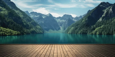 Foto op Plexiglas An empty wooden tabletop stands against the backdrop of a serene lake and majestic mountains, inviting viewers to bask in the beauty of nature's splendor. © Murda
