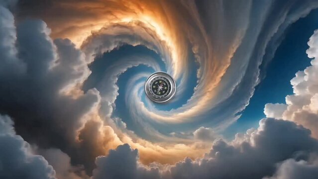 Whirl clouds with a compass. Seamless looping time-lapse 4k video animation background