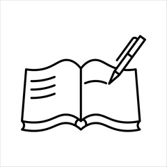 Book with pen set icon. Write a message, correspondence, chat, book, note, book, literature, education, notepad, pen, pen, ink, sheet, paper. Vector five icon in different style on white background