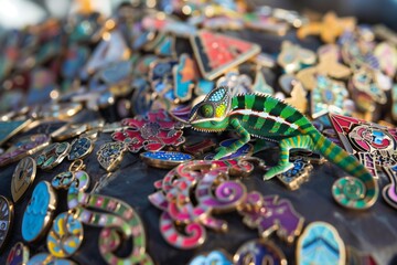 chameleon exploring a heap of eclectic enamel pins