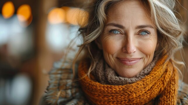 Close up of a smiling woman with scarf, showing happy eyes and raised eyebrows