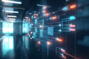 A digital flowchart on a virtual screen showing a business hierarchy structure and workflow automation. Concept Digital Flowchart, Virtual Screen, Business Hierarchy, Workflow Automation