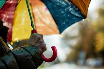 closeup of a person gripping a colorful umbrella handle on a drizzly day