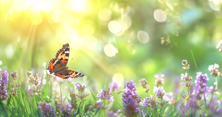 Beautiful spring nature background with a purple butterfly and white flowers in a green meadow,...