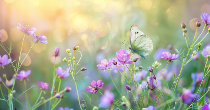 Fototapeta Beautiful spring nature background with a purple butterfly and white flowers in a green meadow, copy space for text