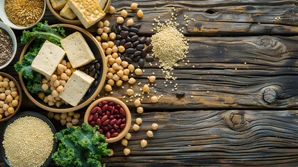 Variety of Plant-Based Proteins and vegan ingredients on wood cutting board - obrazy, fototapety, plakaty