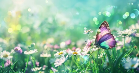 Beautiful spring nature background with a purple butterfly and white flowers in a green meadow, copy space for text - Powered by Adobe