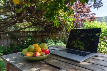 fresh fruit bowl beside a laptop on a teak patio desk, trees around - obrazy, fototapety, plakaty