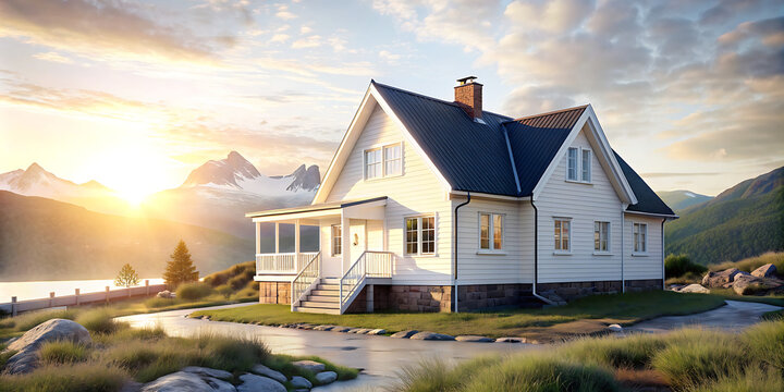 Norwegian beautiful house lit by the midnight sun.  beautiful house in the morning. House in the countryside. Green garden in the country house. blue sky with sunrise morning. Property and estate.