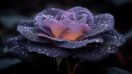 A single  perfect tear of pearlescent lavender glistening on a velvety black rose petal.